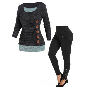 

Plus Size Space Dye Colorblock Mock Button Faux Twinset T Shirt And Snap Buttons Skinny Pants Casual Outfit, Multicolor
