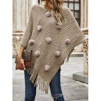 

Texture Sweater Plain Color Faux Fur Ball Fringe V Neck Pullover Long Sweater, Light coffee