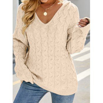 

Solid Color Hooded Sweater Cable Knit Long Sleeve Casual Sweater, Light coffee