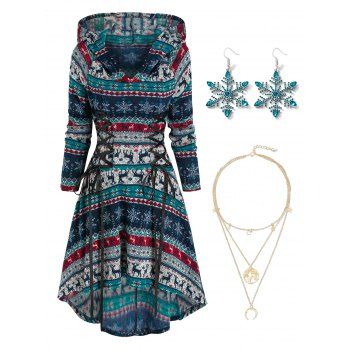 

Christmas Elk Snowflake Pattern Lace-up Hooded High Low Dress And Moon Map Layered Chain Drop Necklace Earrings Set, Multicolor