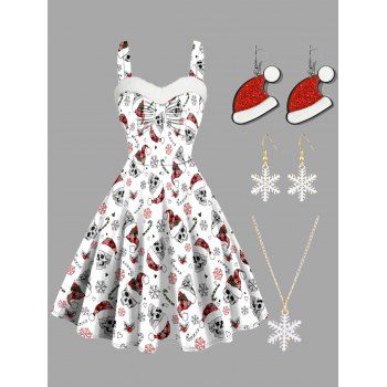 

Christmas Skull Snowflake Candy Allover Print Faux Fur Panel A Line Cami Dress And Xmas Necklace Earrings Outfit, White