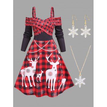 

Elk Snowflake Plaid Print Cold Shoulder Foldover Crossover Dress And Necklace Earrings Christmas Outfit, Red