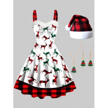 

Christmas Plaid Elk Print Faux Fur Panel A Line Cami Dress And Cap Necklace Earrings Outfit, White