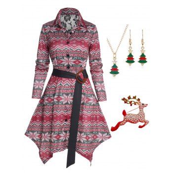 

Ethnic Printed Button Up Belted High Waisted Long Sleeve Handkerchief Mini Dress And Christmas Necklace Earrings Brooch Outfit, Red
