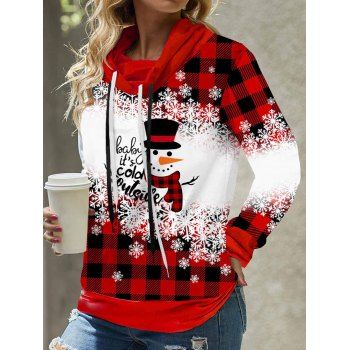 

Christmas Snowman Snowflake Letter Plaid Graphic Sweatshirt Colorblock Drawstring Cowl Neck Sweatshirt, Multicolor