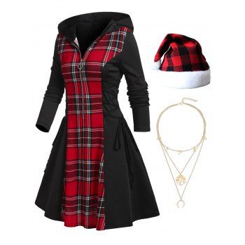 

Hooded Half Zipper Lace Up Long Sleeve Plaid Dress And Christmas Cap Map Moon Layered Chain Necklace Outfit, Black