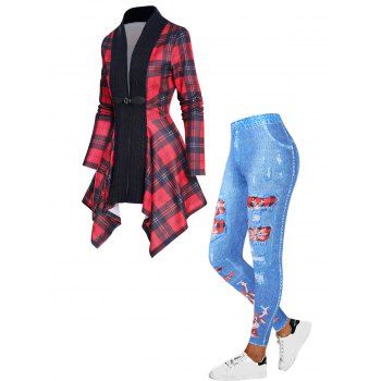 

Plaid Print Asymmetric Textured Knit Panel Top And Elk Snowflake Faux Denim 3D Print Jeggings Casual Outfit, Multicolor