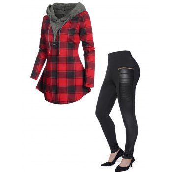 

Plaid Print Textured Knit Panel Hooded Long Sleeve Top And Zipper Pockets Pleated Patches Skinny Pants Outfit, Multicolor