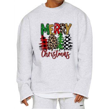 

Merry Christmas Tree Graphic Print Sweatshirt Frayed Hem Drop Shoulder Sweatshirt, Gray