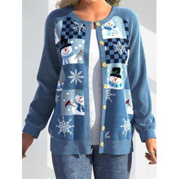 

Christmas Cute Snowman Snowflake Checkerboard Print Jacket Raglan Sleeve Button Up Xmas Jacket, Multicolor a