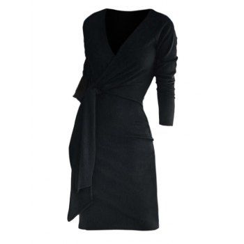 

Ribbed Long Sleeve Tie Front Slinky Dress, Black