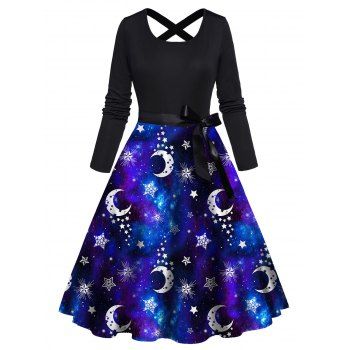 Vintage Dress Galaxy Moon Star Print Bowknot Belted Crisscross High Waisted Long Sleeve A Line Midi Dress