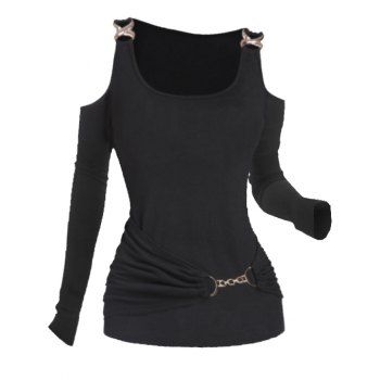 

Cold Shoulder T Shirt Solid Color Chain Embellishment Long Sleeve Tee, Black