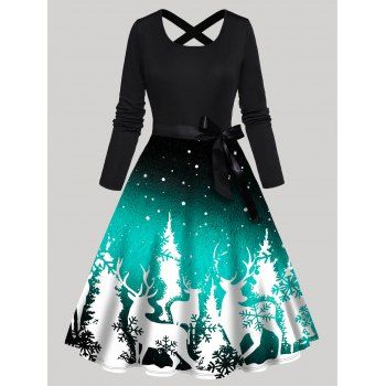 

Christmas Dress Ombre Elk Snowflake Print Bowknot Belted Crisscross High Waisted Long Sleeve A Line Midi Dress, Black