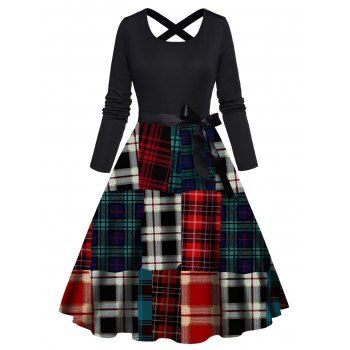 

Colored Plaid Print Dress Bowknot Belted Crisscross High Waisted Long Sleeve A Line Midi Dress, Black