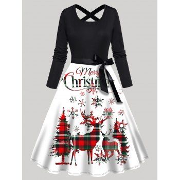 

Christmas Dress Plaid Elk Letter Print Bowknot Belted Crisscross High Waisted Long Sleeve A Line Midi Dress, Black