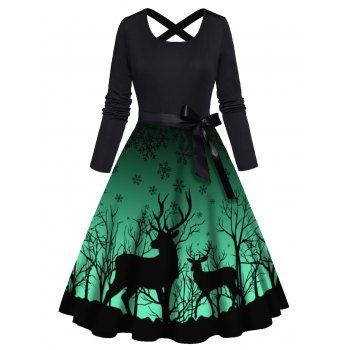 

Christmas Dress Elk Snowflake Print Bowknot Belted Crisscross High Waisted Long Sleeve A Line Midi Dress, Black