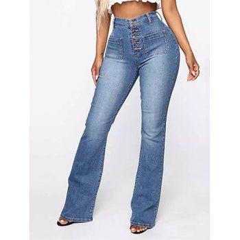 

Flare Jeans Light Wash Button Fly Patch Pockets Casual Denim Pants, Light blue