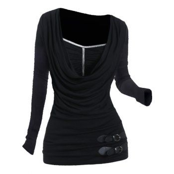 

Contrast Pipe Tee Draped Long Sleeve Buckle Ruched Casual T Shirt, Black