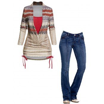 

Tribal Graphic Cinched Knitted Long Faux Twinset Knit Top And Topstitching Pockets Flare Jeans Ethnic Fall Outfit, Multicolor