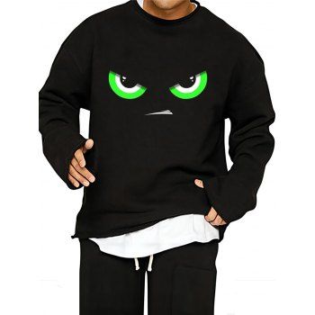 

Cartoon Print Drop Shoulder Sweatshirt Frayed Hem Casual Sweatshirt, Black