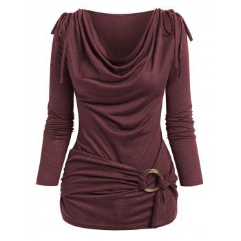 

Plus Size Top Plain Color O Ring Draped Cinched Cowl Neck Long Sleeve Top, Deep red