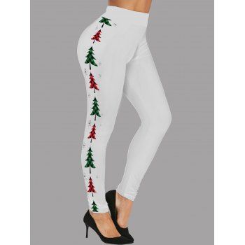

Christmas Tree Snowflake Print Leggings High Rise Skinny Long Leggings, White