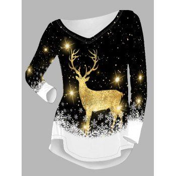 

Christmas Sparkly Elk Snowflake Print Top Long Sleeve V Neck Curved Hem Top, Black