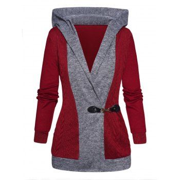 

Contrasting Colorblock Hooded Knit Top Canble Textured Long Sleeve Buckle Knitted Top, Deep red