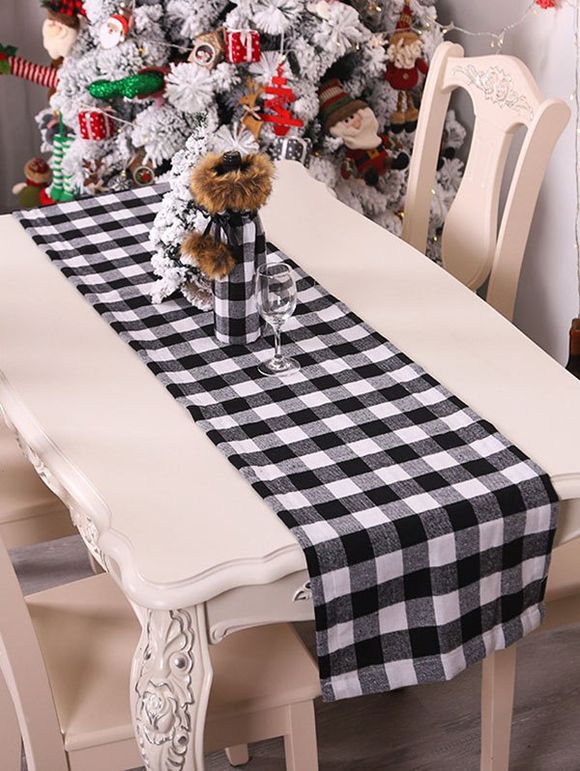 Nappe de Table à Imprimé Carreaux Décor Maison pour Noël - Noir 