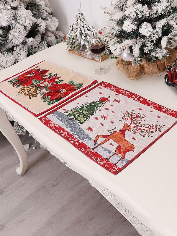 2 Pièces Napperons Décorations de Noël de Table à Imprimé Arbre Cloche Wapiti Flocon de Neige Fleur - Rouge 