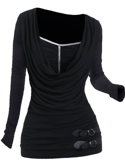 Contrast Pipe Tee Draped Long Sleeve Buckle Ruched Casual T Shirt - BLACK XXXL