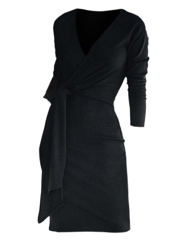 Ribbed Long Sleeve Tie Front Slinky Dress - BLACK XL