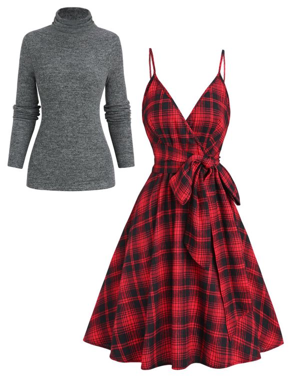 Heather Mock Neck T Shirt And Plaid Print Surplice Belted High Waisted A Line Mini Dress Set - DEEP RED XL
