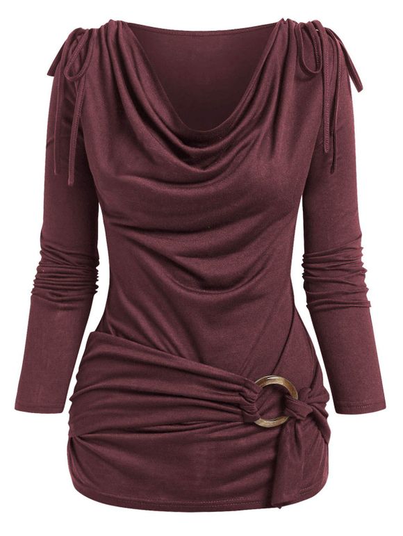 Plus Size Top Plain Color O Ring Draped Cinched Cowl Neck Long Sleeve Top - DEEP RED 5X