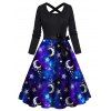 Vintage Dress Galaxy Moon Star Print Bowknot Belted Crisscross High Waisted Long Sleeve A Line Midi Dress - BLACK S