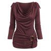 Plus Size Top Plain Color O Ring Draped Cinched Cowl Neck Long Sleeve Top - DEEP RED 5X