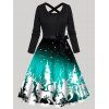 Robe Mi-Longue Ligne A Ceinturée Croisé Ombré à Imprimé Cerf et Nœud Papillon à Manches Longues - Noir XXL