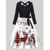 Robe de Noël Mi-longue Ligne A Ceinturée Croisée à Imprimé Lettre Cerf à Carreaux à Manches Longues - Noir XL