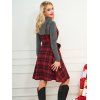 Heather Mock Neck T Shirt And Plaid Print Surplice Belted High Waisted A Line Mini Dress Set - DEEP RED L