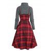 Heather Mock Neck T Shirt And Plaid Print Surplice Belted High Waisted A Line Mini Dress Set - DEEP RED XL