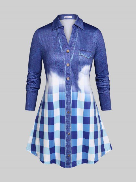Plus Size Half Button Plaid 3D Print Blouse