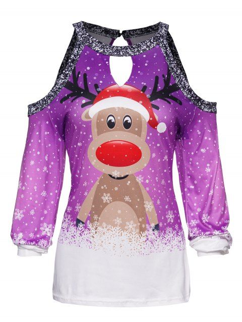 Christmas Cute Elk Snowflake Print Top Cold Shoulder Cut Out Keyhole Long Sleeve Xmas Top