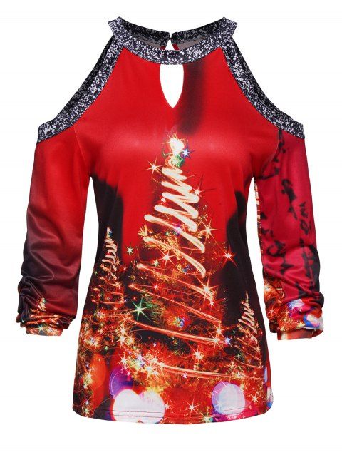 Sparkly Christmas Tree Print Top Cold Shoulder Cut Out Keyhole Long Sleeve Top