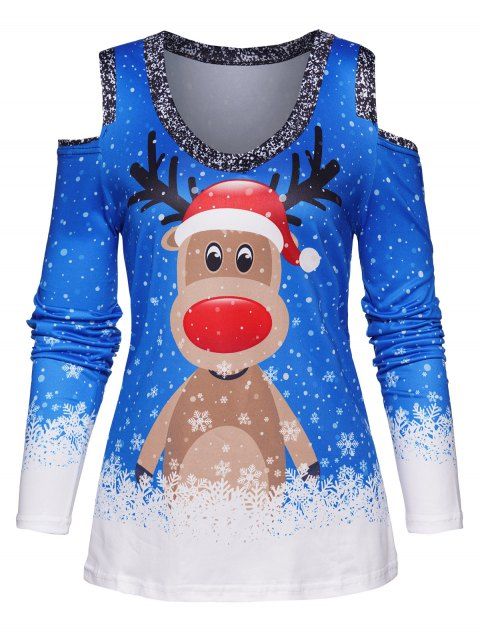 Christmas Cute Elk Snowflake Print Top Cold Shoulder V Neck Long Sleeve Xmas Top