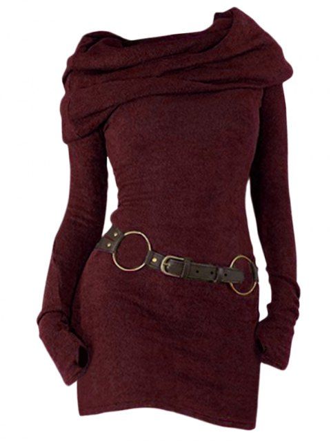 Robe à Capuche Long en Tricot Ceinturé à Manches Longues à Col Bénitier Trou pour Pouce