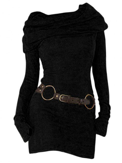 Robe à Capuche Long en Tricot Ceinturé à Manches Longues à Col Bénitier Trou pour Pouce