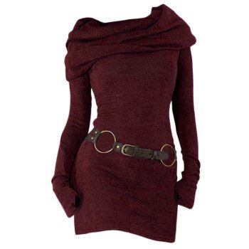 

Hooded Cowl Neck Knit Mini Dress Thumb Hole Full Sleeve Belted Knitted Bodycon Dress, Deep red