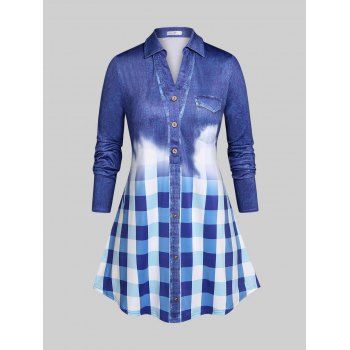 

Plus Size Half Button Plaid 3D Print Blouse, Blue