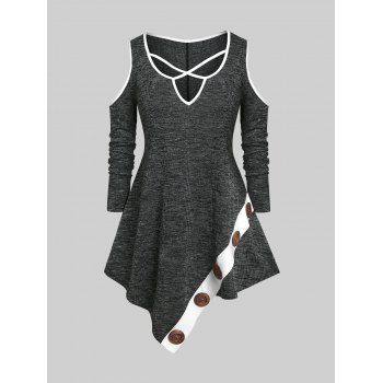

Plus Size Cold Shoulder Knitted Irregular Tee, Black